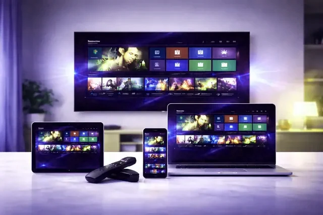 TivioneTV streaming on a smart TV, tablet, laptop and phone at once