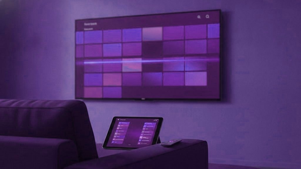 A TV showing a programme guide grid with a tablet and phone showing channel lists on a sofa