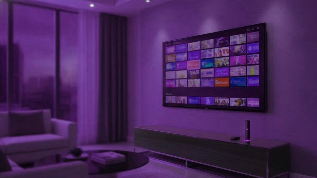 A living-room TV showing an IPTV channel guide with a streaming stick on the console